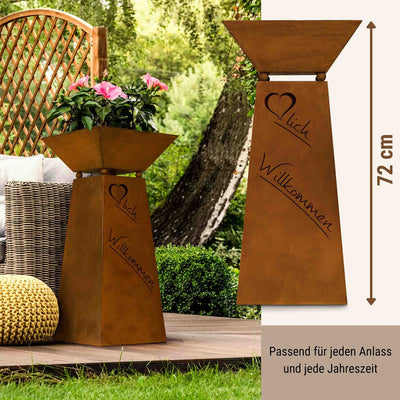 Rost Dekosäule Herzlich Willkommen mit Blumenschale in Edelrost