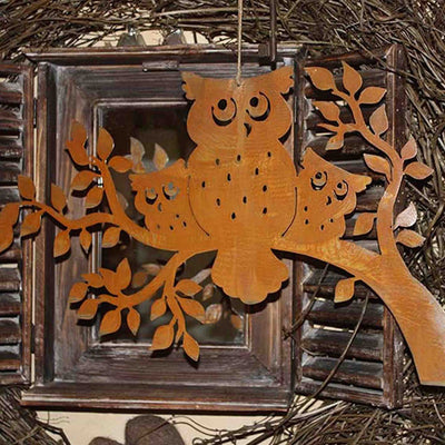 Edel Rost Garten Deko Eulen auf Ast | zum seitlich befestigen oder zum hängen