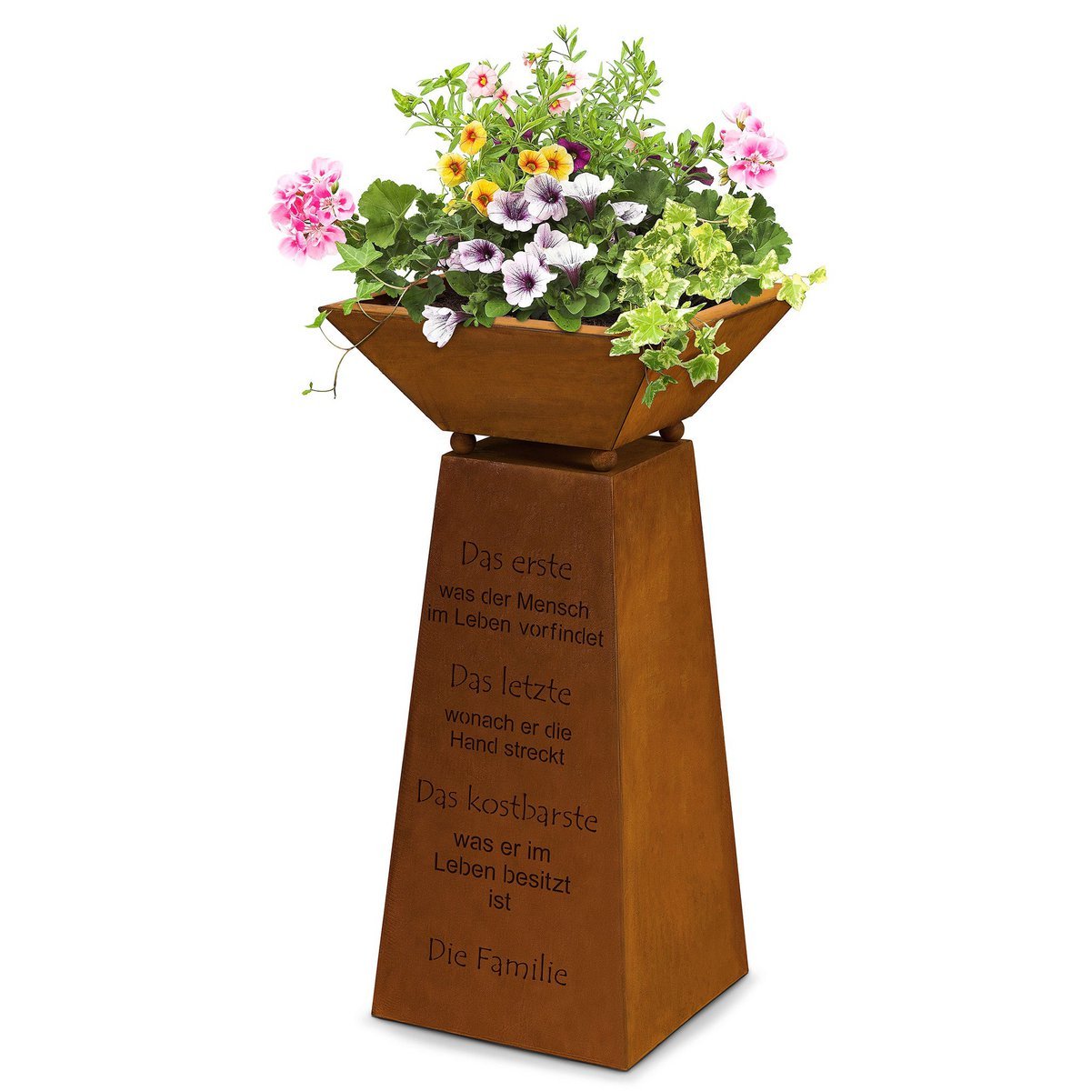 Gartendeko Rost Säule Familie mit Pflanzschale aus Metall Edelrost