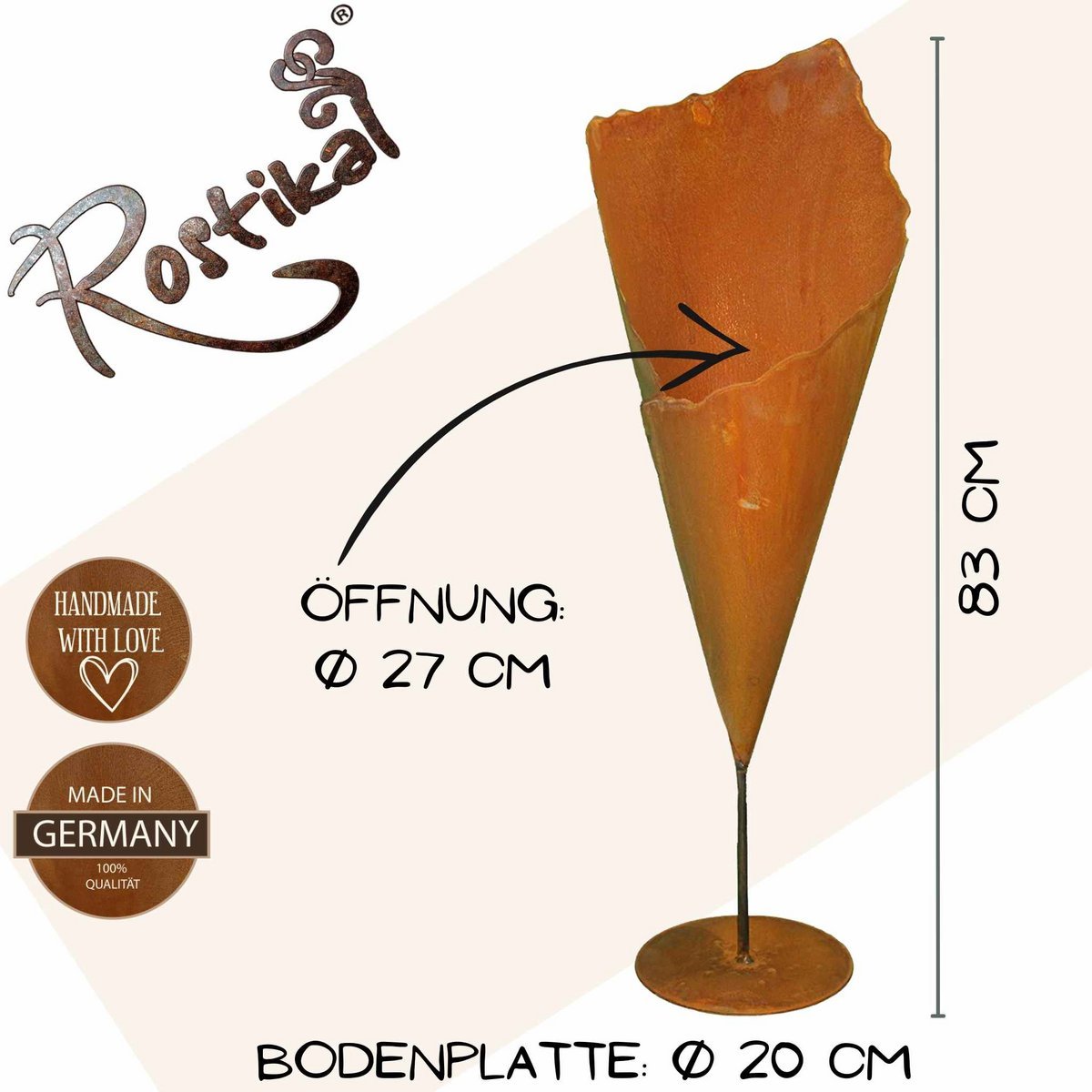 Blooming Pflanztüte "Rostikal" mit Stab auf Bodenplatte | Edelrost Gartendeko Pflanzvase