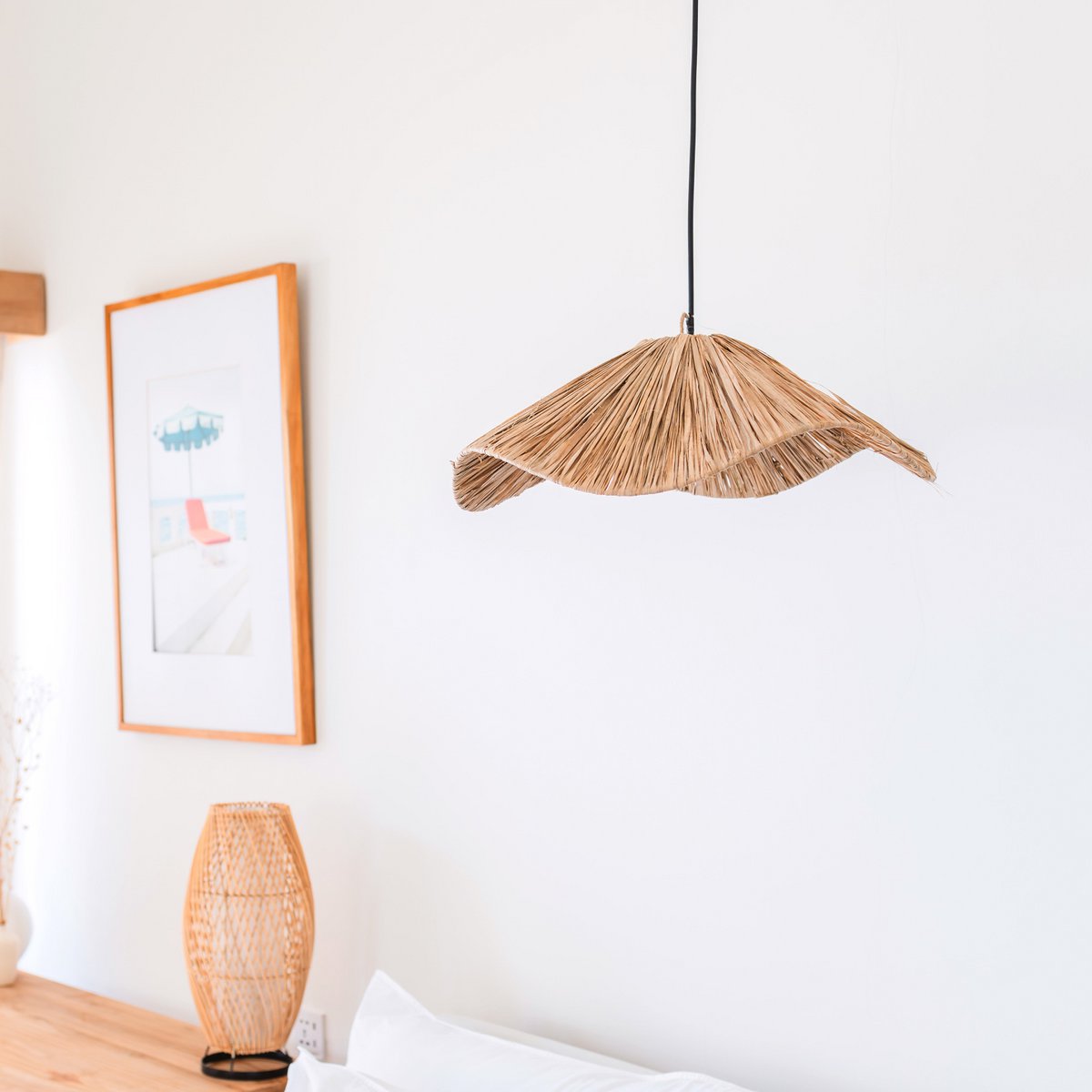 Boho Lampenschirm – Große Raffia-Deckenleuchte – Natürliche Pendelleuchte – Handgefertigte Deckenlampe aus Raffia TAMPAH (Ø 53 cm)
