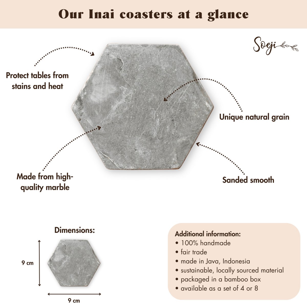 Marmoruntersetzer Grau – Sechseckige Untersetzer für Tassen oder Gläser – Handgefertigte Untersetzer 4er- oder 8er-Set INAI (grau)