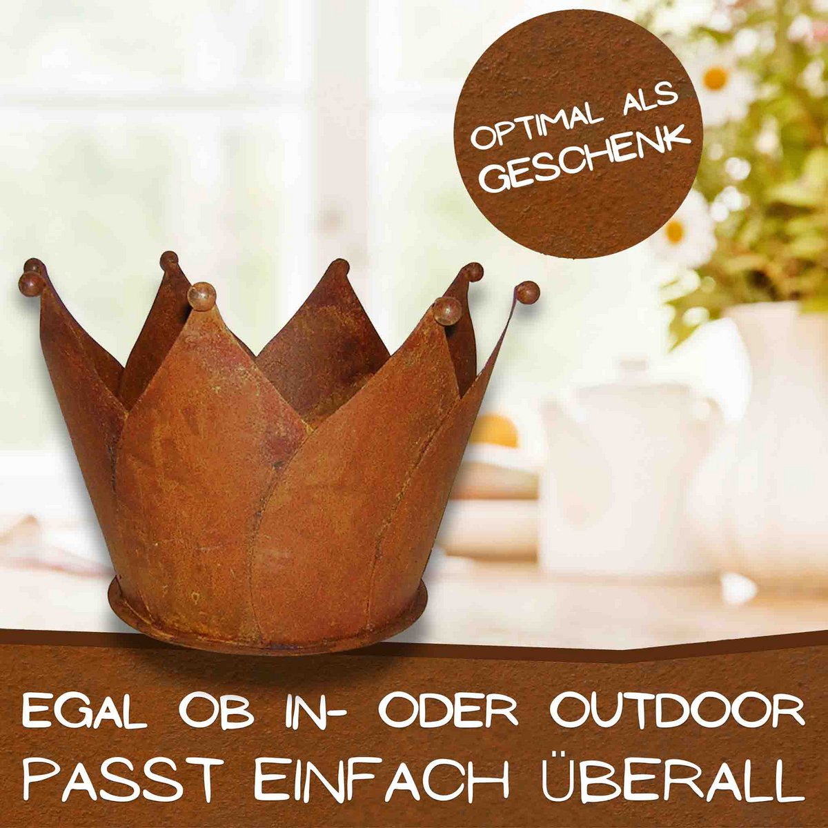 Gartendeko Rost Krone | Edelrost Übertopf mit Bodenplatte
