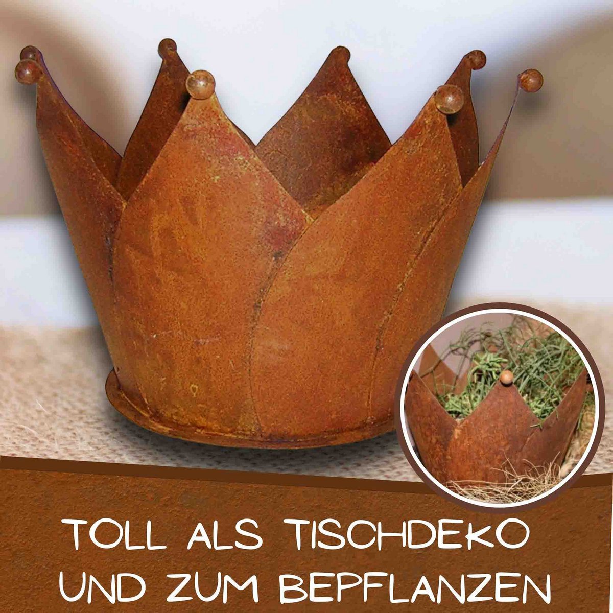 Gartendeko Rost Krone | Edelrost Übertopf mit Bodenplatte