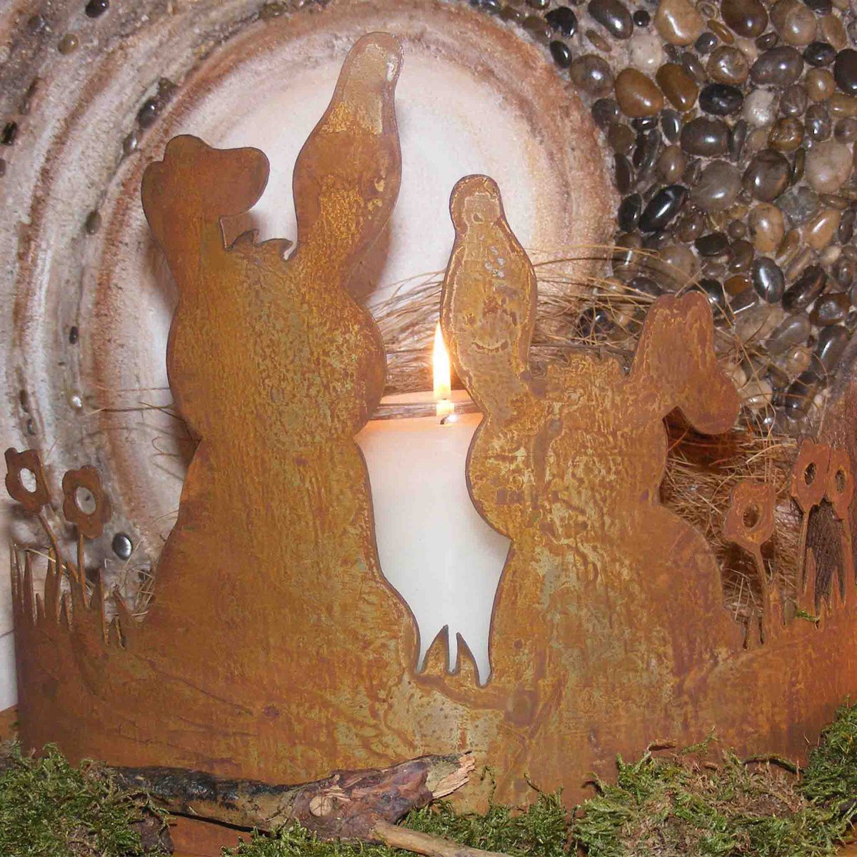 Rost Deko Hasen auf Blumenwiese | Tischdeko indoor oder Edelrost Gartendeko