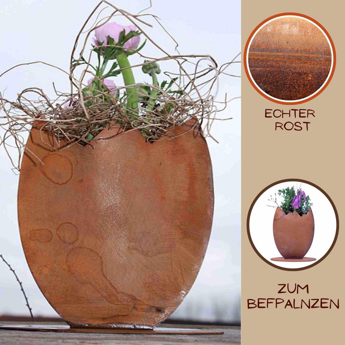 Osterei zum Bepflanzen | Metall Dekofigur für Ostern und Frühling | Edelrost Gartendeko