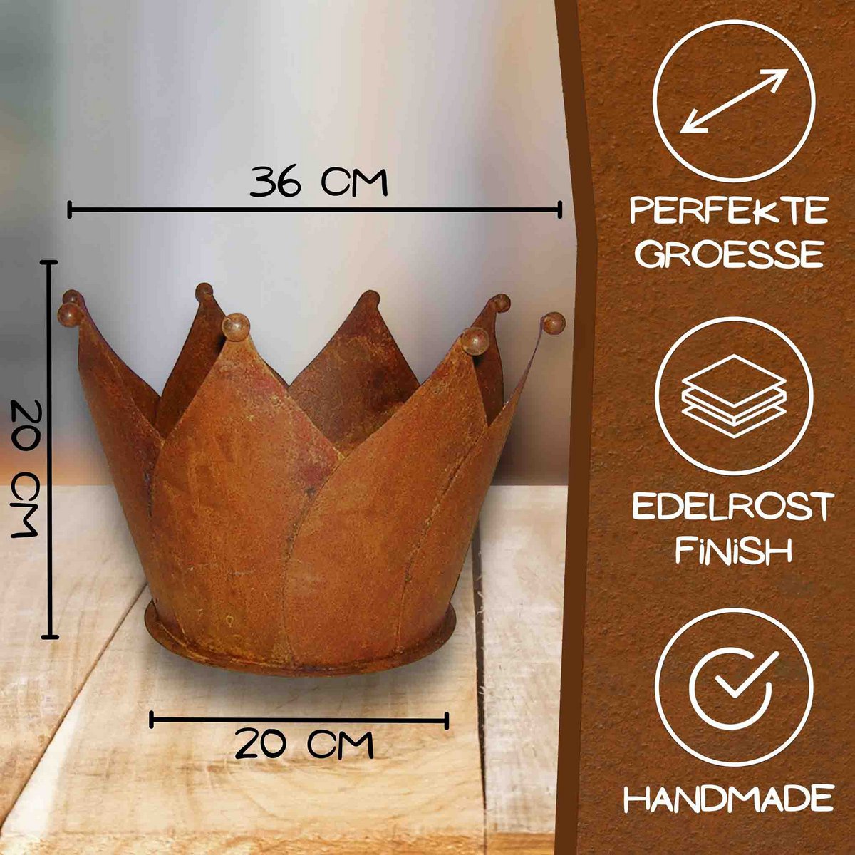 Gartendeko Rost Krone | Edelrost Übertopf mit Bodenplatte