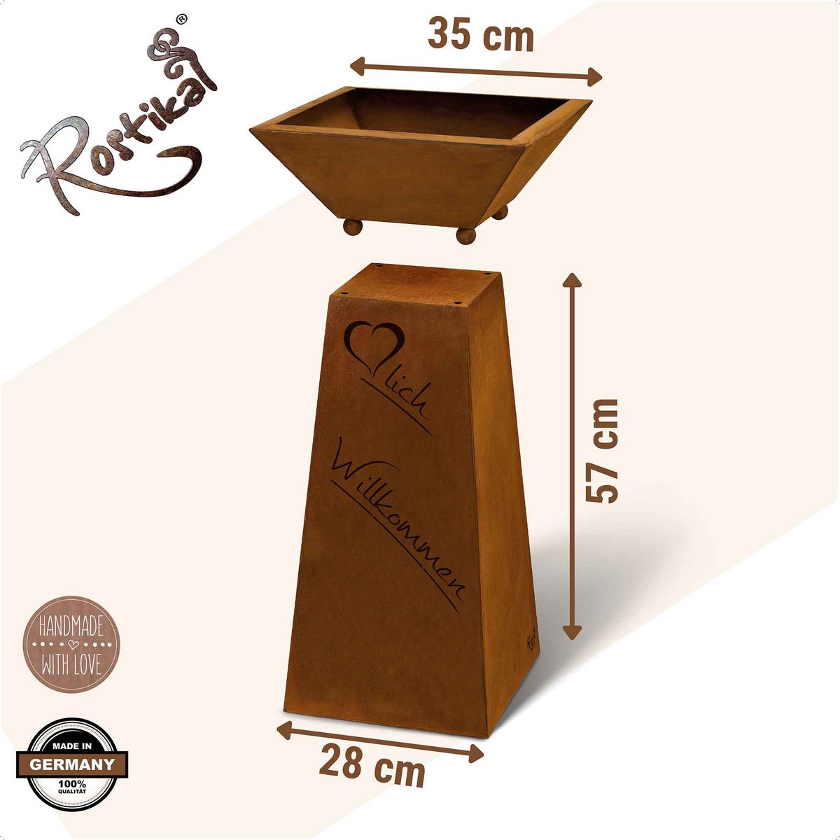 Rost Dekosäule Herzlich Willkommen mit Blumenschale in Edelrost
