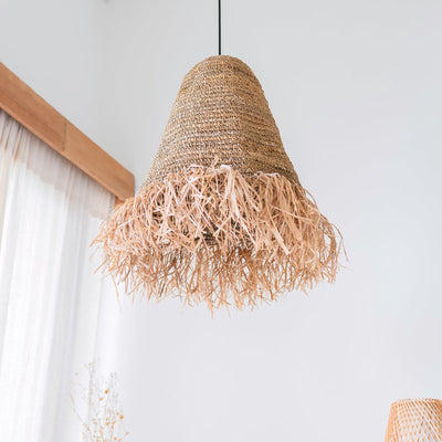 Raffia Boho Lampenschirm – Hängelampe – Pendelleuchte – handgewebte Deckenleuchte mit langen Fransen (3 Größen Ø 30/40/50 cm) KALIMA