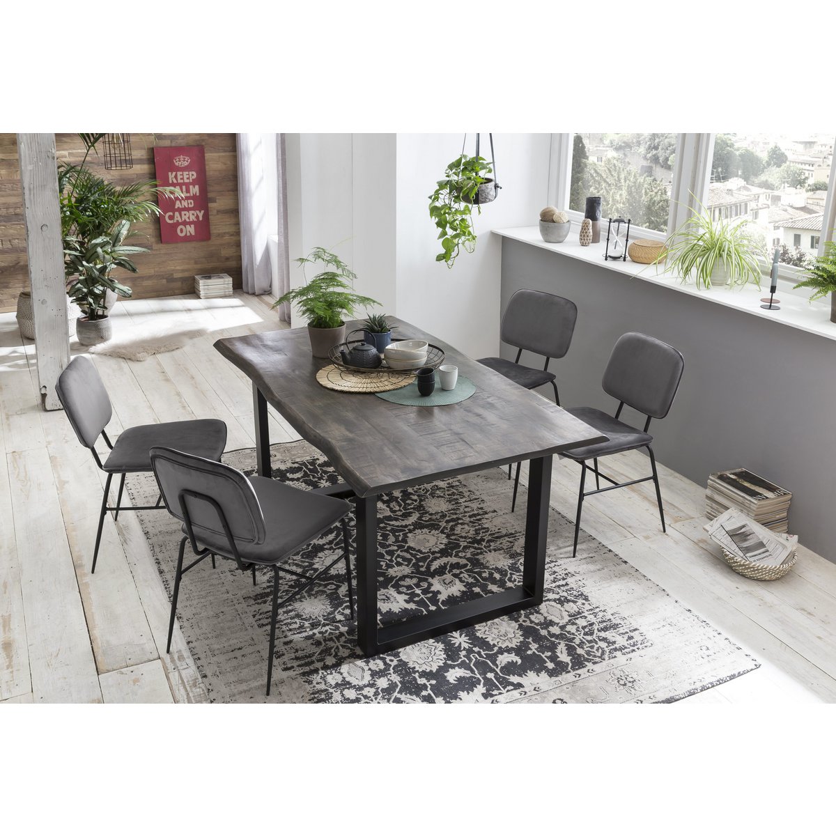 Tisch 160x85 cm, Mango grau sägerau, Gestell schwarz