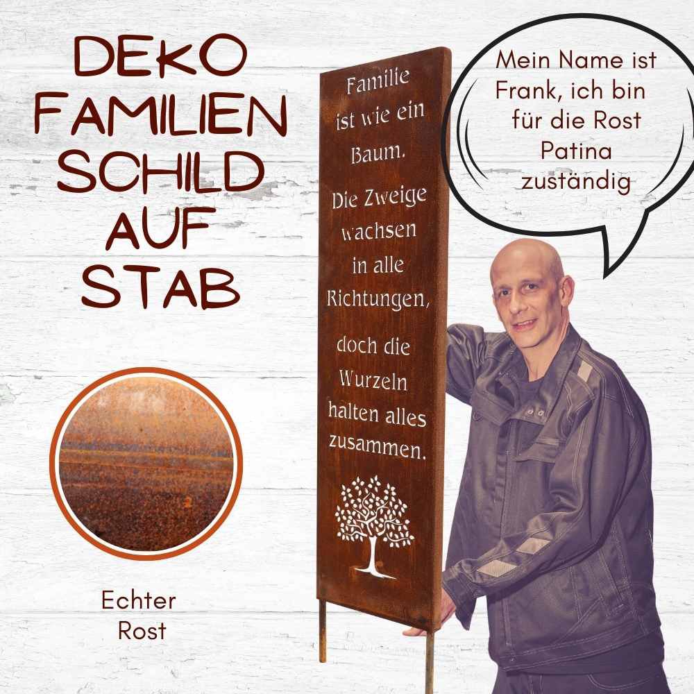 Gartendeko Edelrost Schild Familie 100 cm | auf Bodenplatte oder zum stecken | Deko Gartenschilder Metall