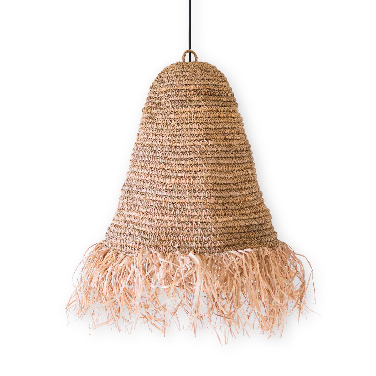 Raffia Boho Lampenschirm – Hängelampe – Pendelleuchte – handgewebte Deckenleuchte mit langen Fransen (3 Größen Ø 30/40/50 cm) KALIMA