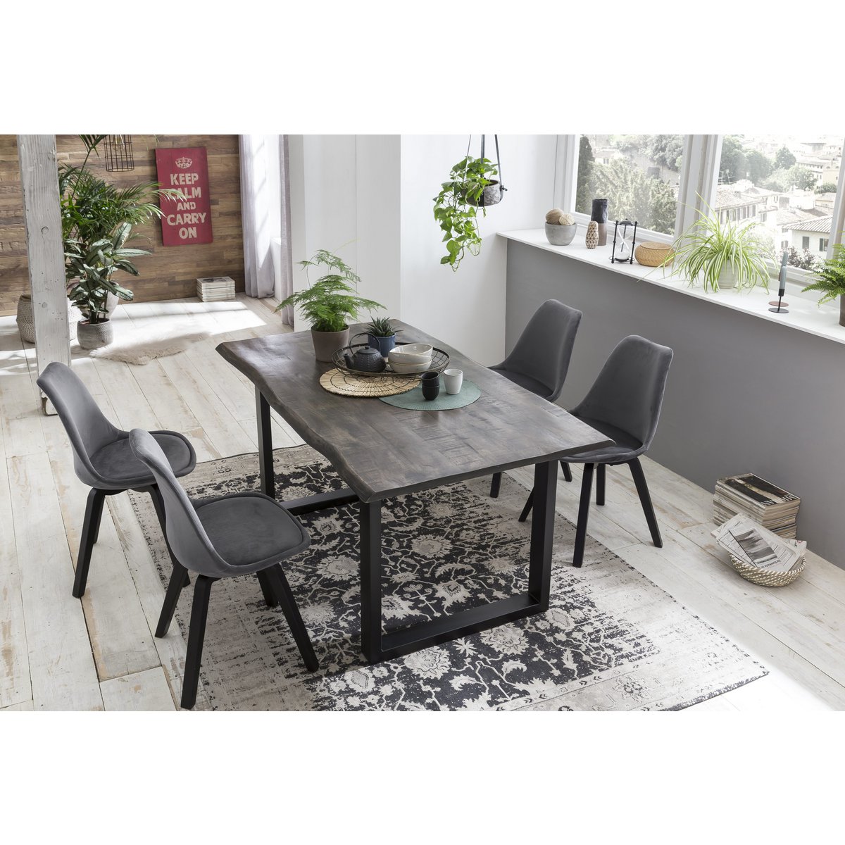 Tisch 160x85 cm, Mango grau sägerau, Gestell schwarz