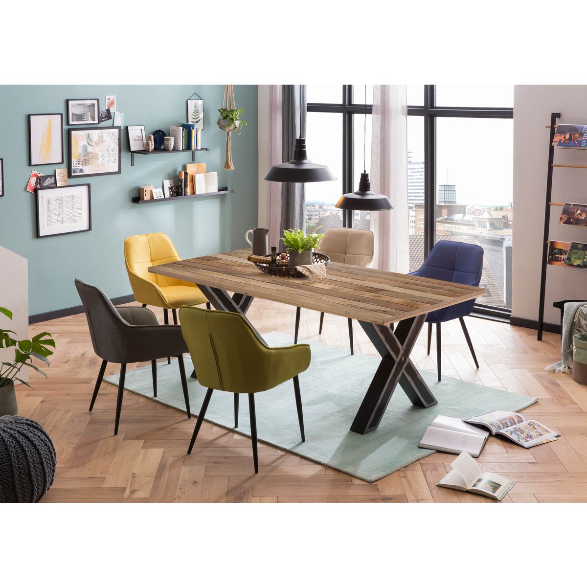 Esstisch 160 x 90 x 77 cm | Tischplatte 43 mm | Mango natur | X-Metallgestell antikschwarz