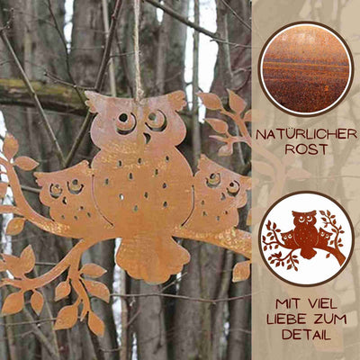 Edel Rost Garten Deko Eulen auf Ast | zum seitlich befestigen oder zum hängen