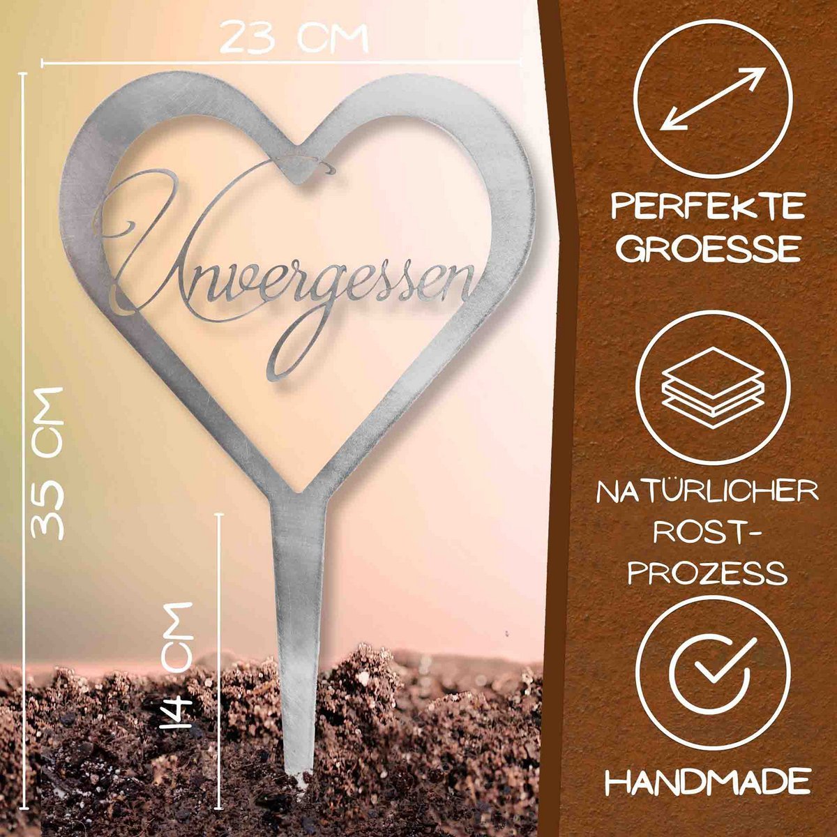 Herz Grabschmuck wetterfest aus Metall – Du fehlst & Unvergessen – Elegante Grabdekoration